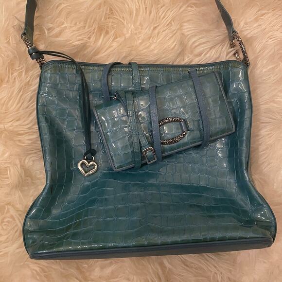 Brighton Cher Croc-Embossed Shoulder Bag Set | Turquoise Patent, Wallet + Strap - Picture 14 of 16